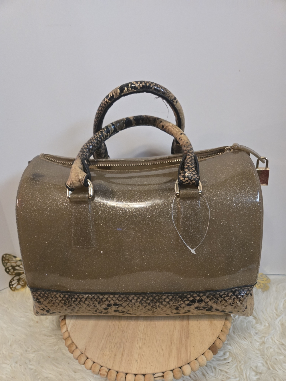Glitter Dome Satchel in Taupe with Snake-Print Trim